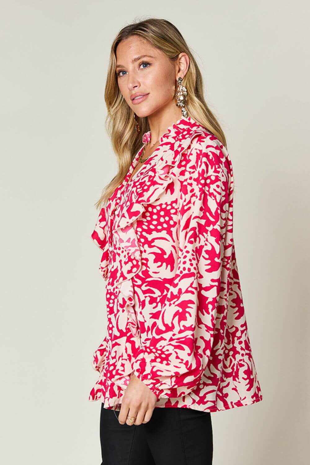 DOUBLE TAKE Full Size Printed Ruffle Trim Balloon Sleeve Shirt at Bella Road