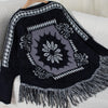 Bella Road Fringe Geometric Long Sleeve Poncho - Black