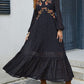 Bella Road embroidered V-neck long sleeve dress in black with floral details and ruffled hem, perfect for any occasion.