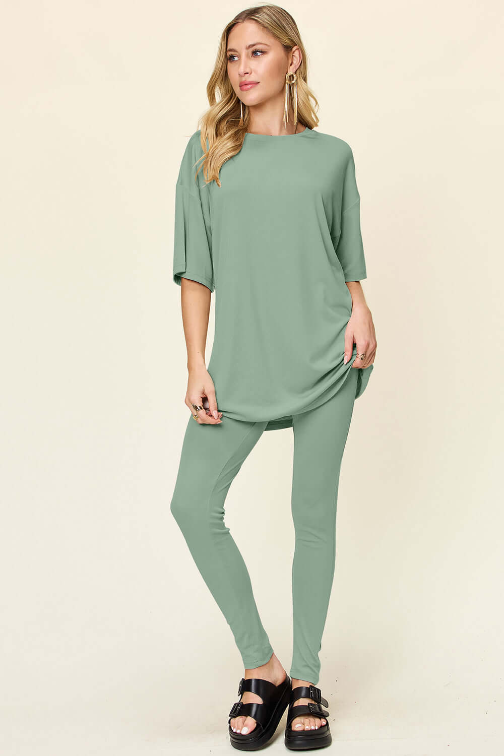 DOUBLE TAKE Full Size Round Neck Dropped Shoulder T-Shirt and Leggings Set at Bella Road