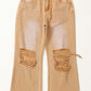 Distressed raw hem jeans with pockets in light brown color, featuring a trendy and stylish design made of 100% cotton