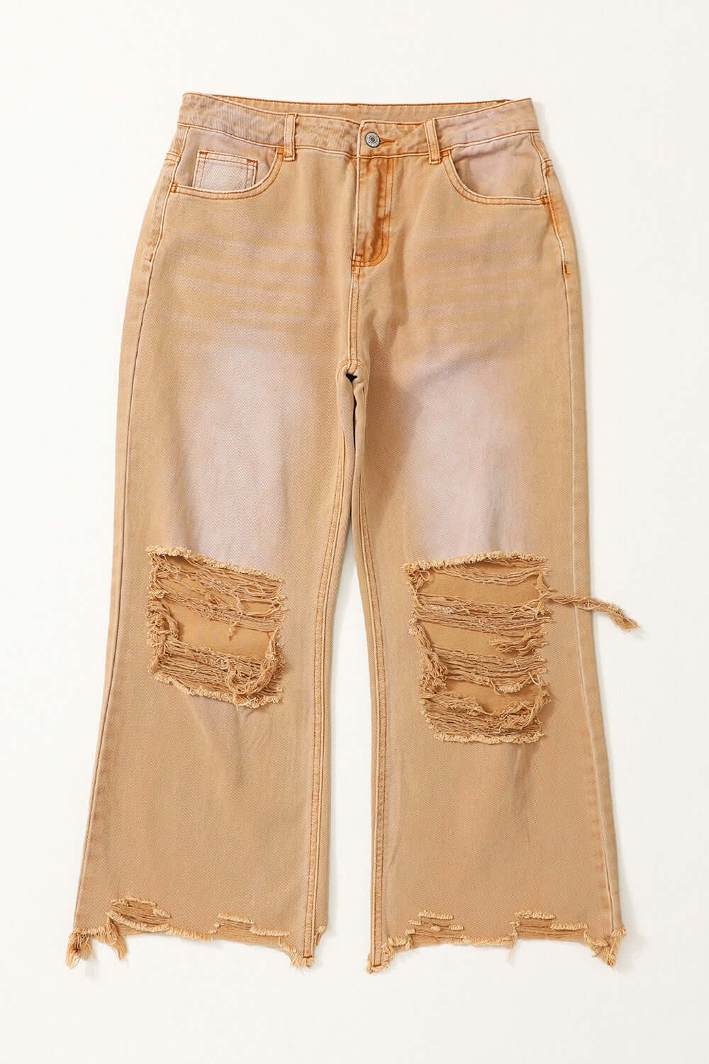 Distressed raw hem jeans with pockets in light brown color, featuring a trendy and stylish design made of 100% cotton