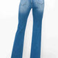 Back view of bytos Full Size Raw Hem Distressed High Rise Bootcut Jeans showcasing a stylish raw hem and slight flare.