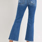 Back view of RISEN Full Size Tummy Control High Rise Crop Bootcut Jeans in blue with subtle distressed detailing and pocket accents