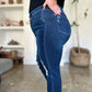 Side view of person wearing High Waist Rigid Magic Heavy Destroy Straight Judy Blue Jeans.