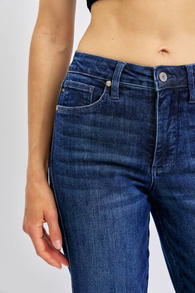 Close-up of Judy Blue full size tummy control straight jeans in dark blue with a flattering fit.