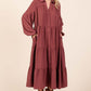 Mittoshop Tiered Button Down Long Sleeve Midi Dress in brown with elegant design, perfect for casual or dressy occasions.