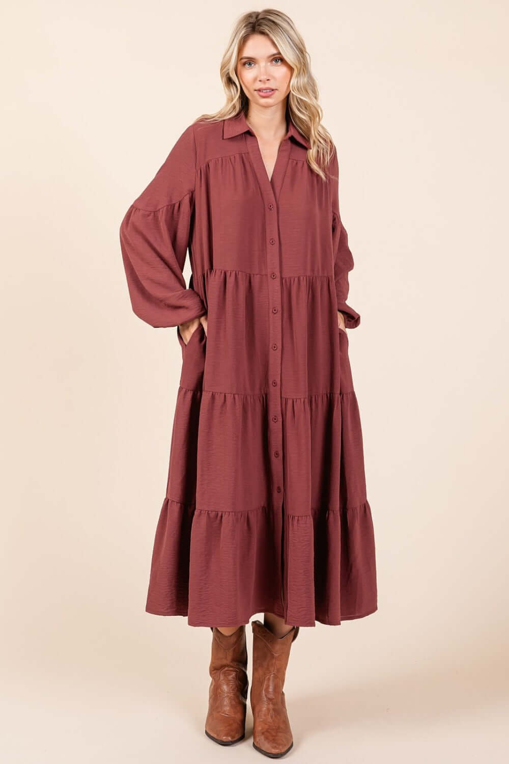 Mittoshop Tiered Button Down Long Sleeve Midi Dress in brown with elegant design, perfect for casual or dressy occasions.