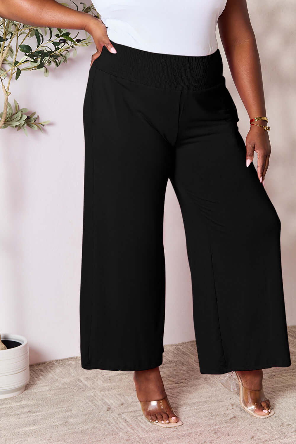 DOUBLE TAKE Full Size Smocked Wide Waistband Wide Leg Pants at Bella Road