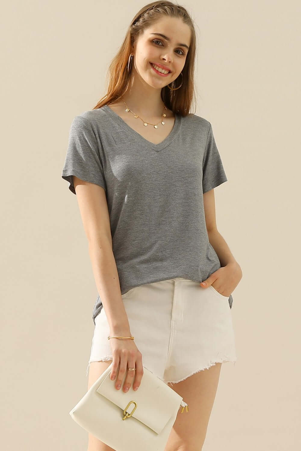 NINEXIS Full Size V-Neck Short Sleeve T-Shirt at Bella Road