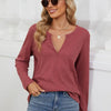 Bella Road Waffle-Knit Notched Long Sleeve T-Shirt - Deep Rose