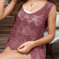 Woman wearing Bella Road Swim Cutout Wide Strap Cover-Up in mauve, showcasing intricate lace design and relaxed fit.