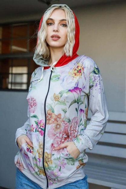 TASHA APPAREL Full Size Floral Zip Up Hoodie at Bella Road