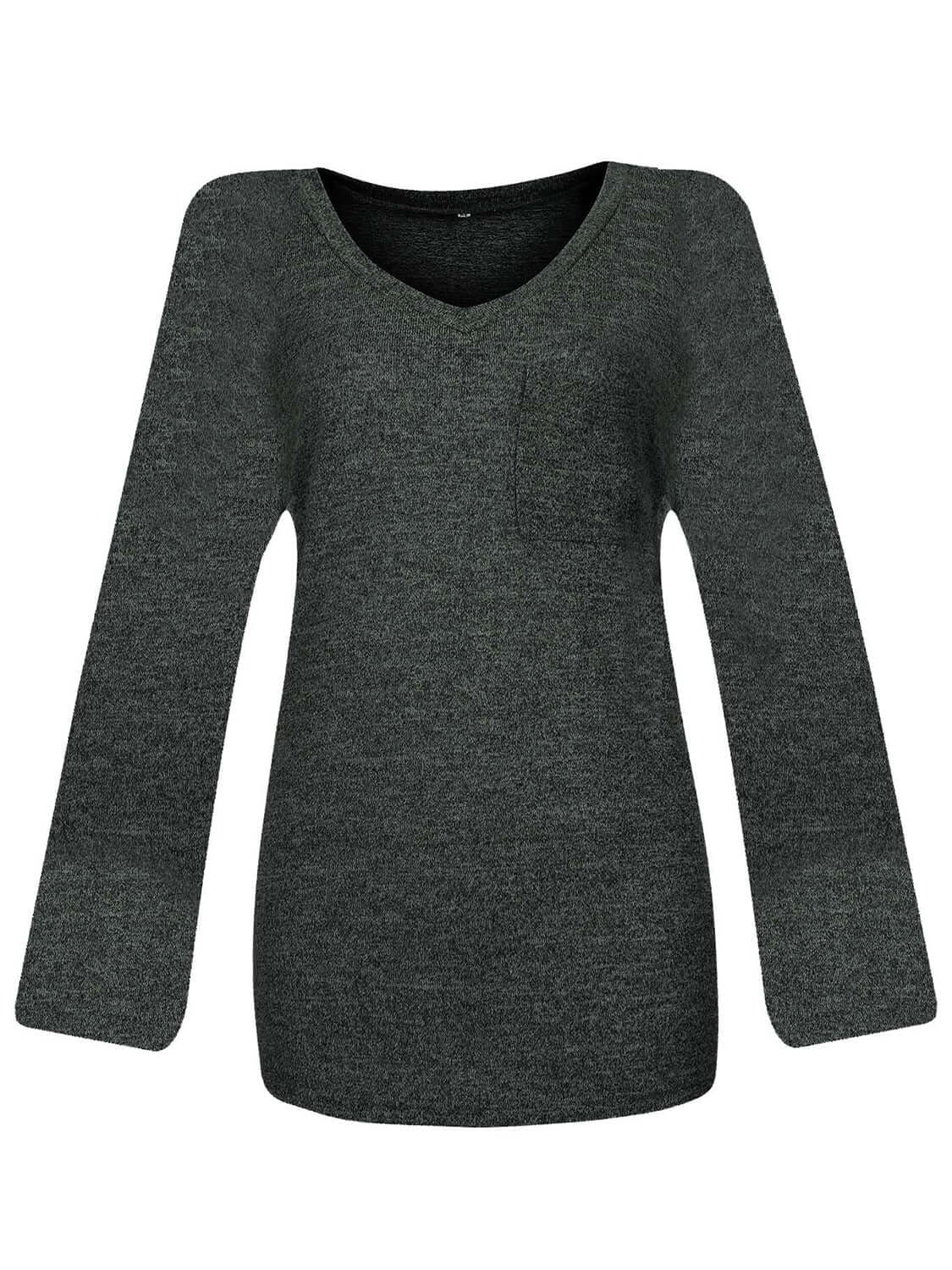 Bella Road round neck long sleeve t-shirt in dark grey, featuring a front pocket, made from a blend of rayon, polyester, and spandex.