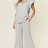 Texture Ruffle Short Sleeve Top and Drawstring Wide Leg Pants Set - Light Gray