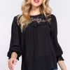 Crochet Lace Panel Flounce Sleeve Blouse - Black