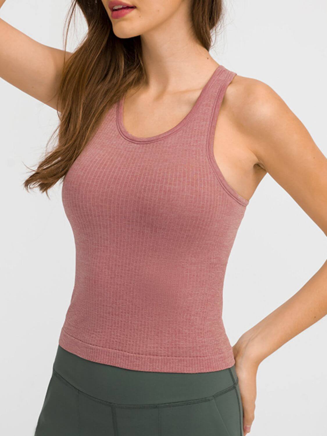 Millennia Round Neck Racerback Active Tank in dusty rose, perfect for workouts with ultimate comfort and style.