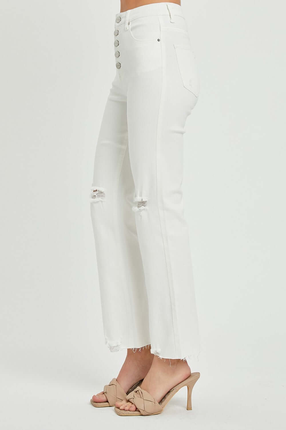 High rise button fly straight ankle Risen Jeans in white, showcasing stylish detailing and flattering fit, perfect for any outfit