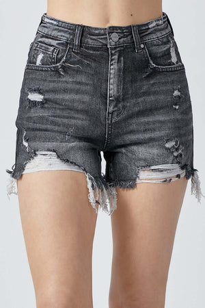 High Rise Distressed Denim Shorts by Risen Jeans with edgy frayed hems perfect for a stylish summer look