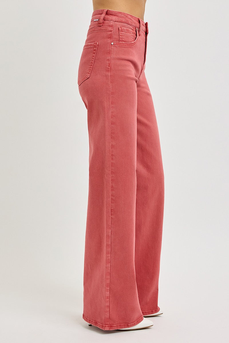 High rise tummy control wide leg jeans in coral color, retro style with a flattering silhouette, perfect for a sleek look.