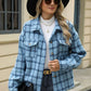 Woman wearing Bella Road Plaid Collared Neck Long Sleeve Jacket with buttoned pockets, white turtleneck, black hat, and sunglasses.