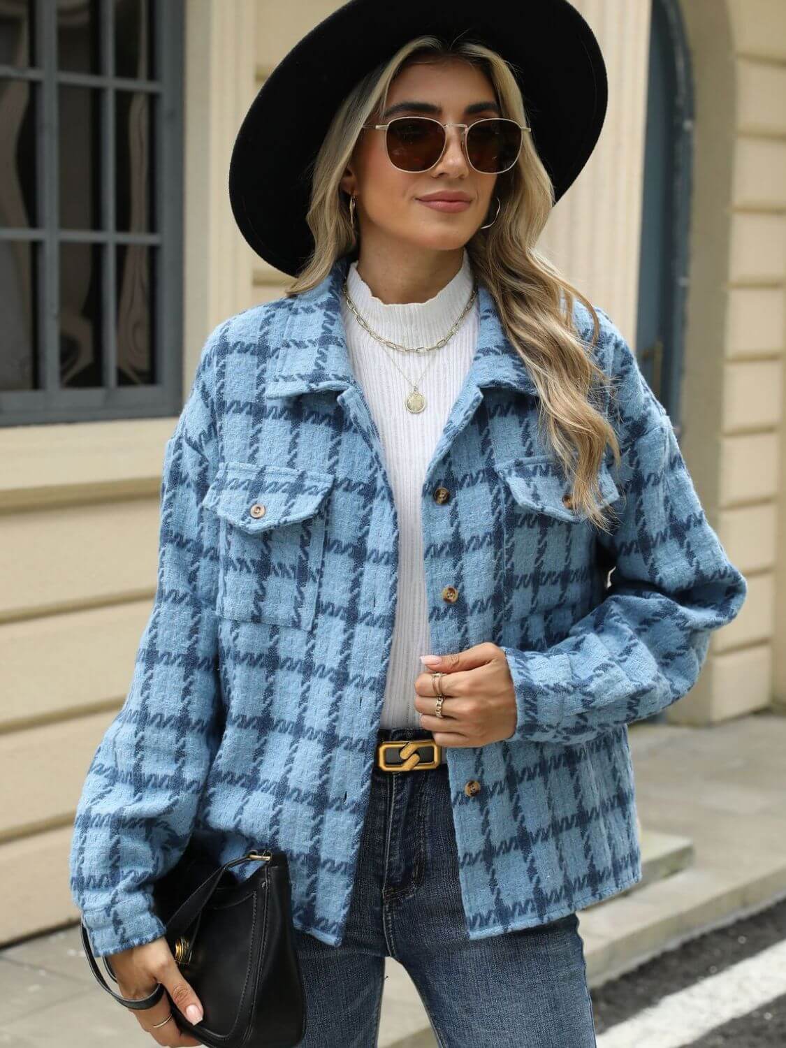 Woman wearing Bella Road Plaid Collared Neck Long Sleeve Jacket with buttoned pockets, white turtleneck, black hat, and sunglasses.