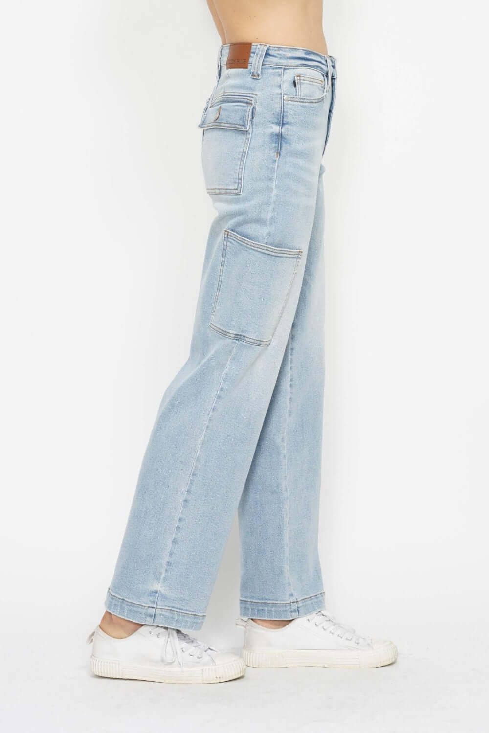 High waist straight cargo jeans in light wash by Judy Blue Jeans, featuring multiple pockets and straight leg fit for utility and style.