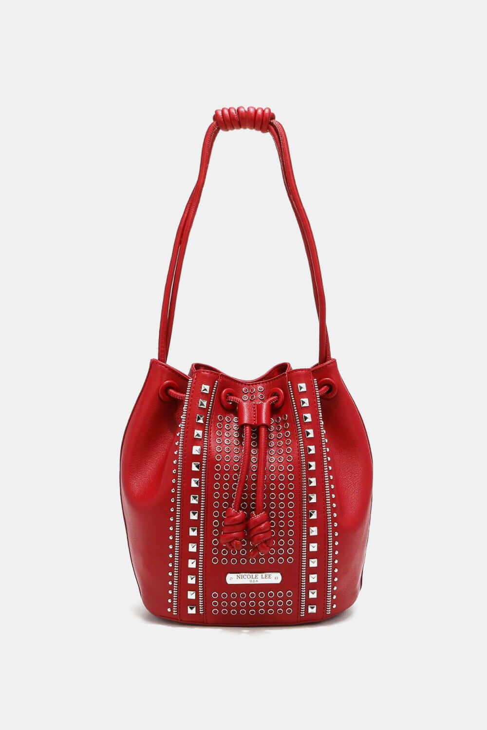 Nicole Lee USA Amy Studded Bucket Bag in red vegan leather with drawstring closure and stud detailing. Stylish and durable fashion accessory.