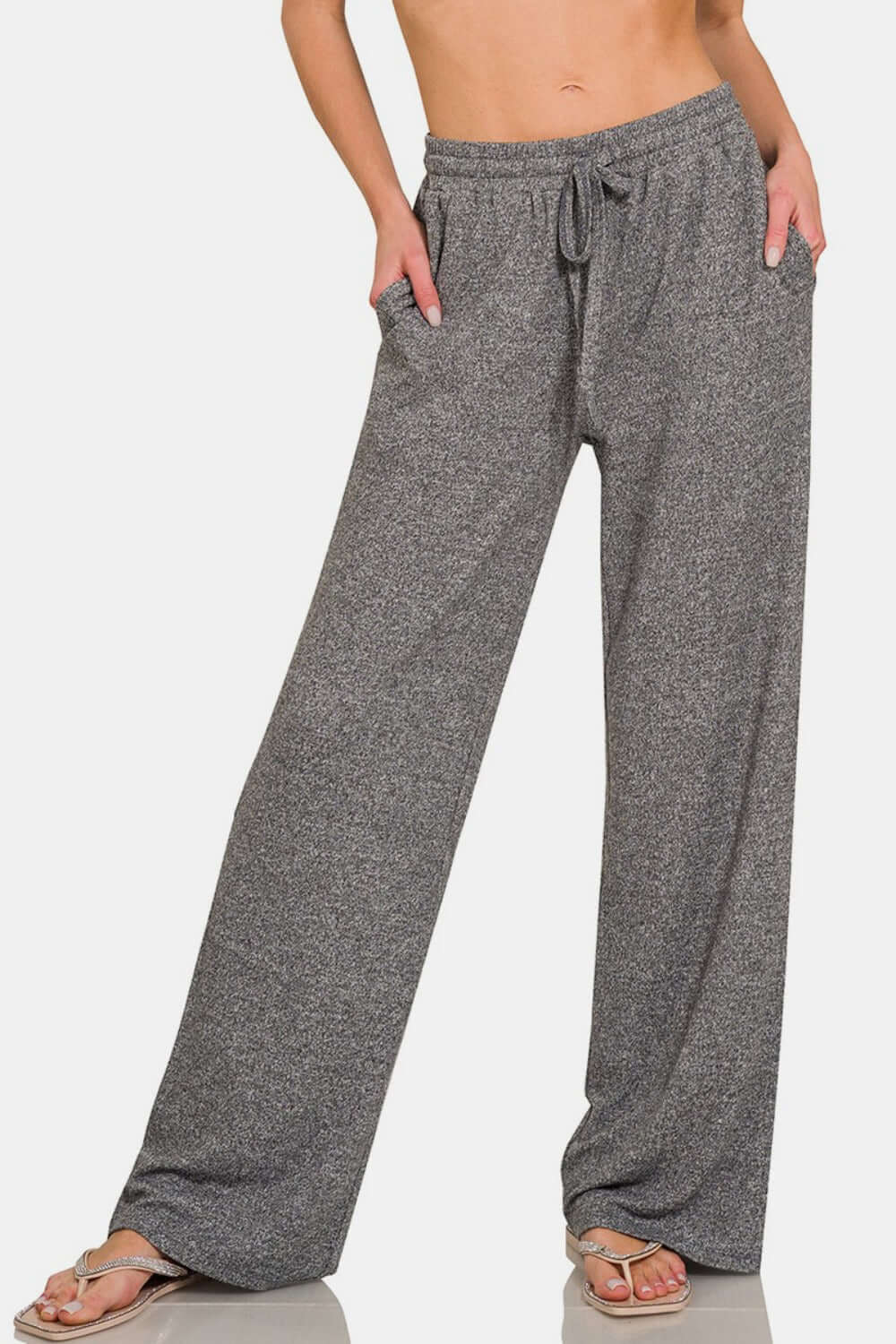 Zenana drawstring wide leg pants with side pockets in gray, perfect for casual wear and lounging, featuring a comfy and stylish design.