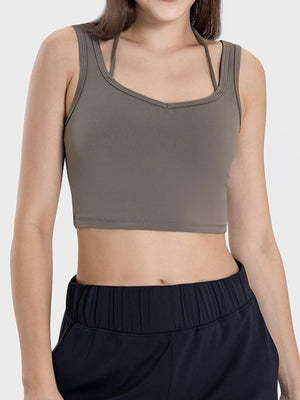 Stylish Millennia Crisscross Square Neck Active Tank in olive green, perfect for workouts and casual outings.