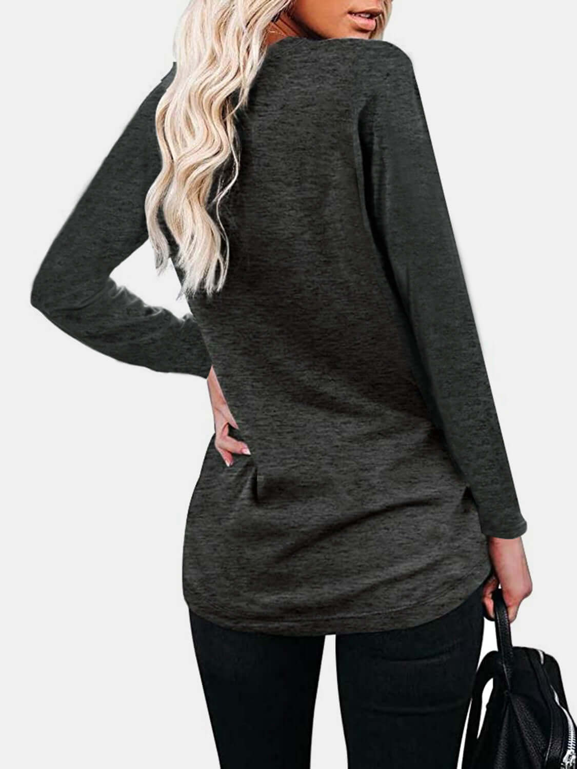 Woman wearing Bella Road round neck long sleeve t-shirt in charcoal gray, back view showing slight stretch material.