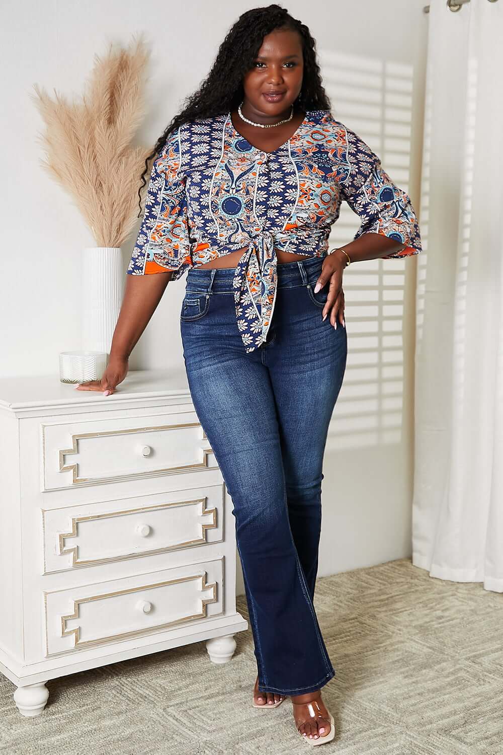 DOUBLE TAKE Tie Hem V-Neck Three-Quarter Sleeve Blouse at Bella Road