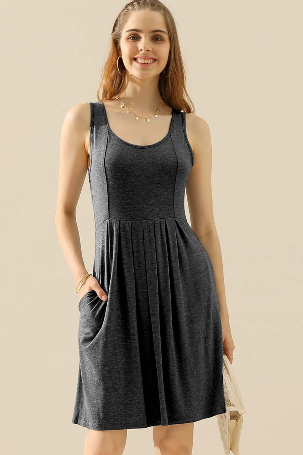 DOUBLJU Full Size Round Neck Ruched Sleeveless Dress with Pockets at Bella Road