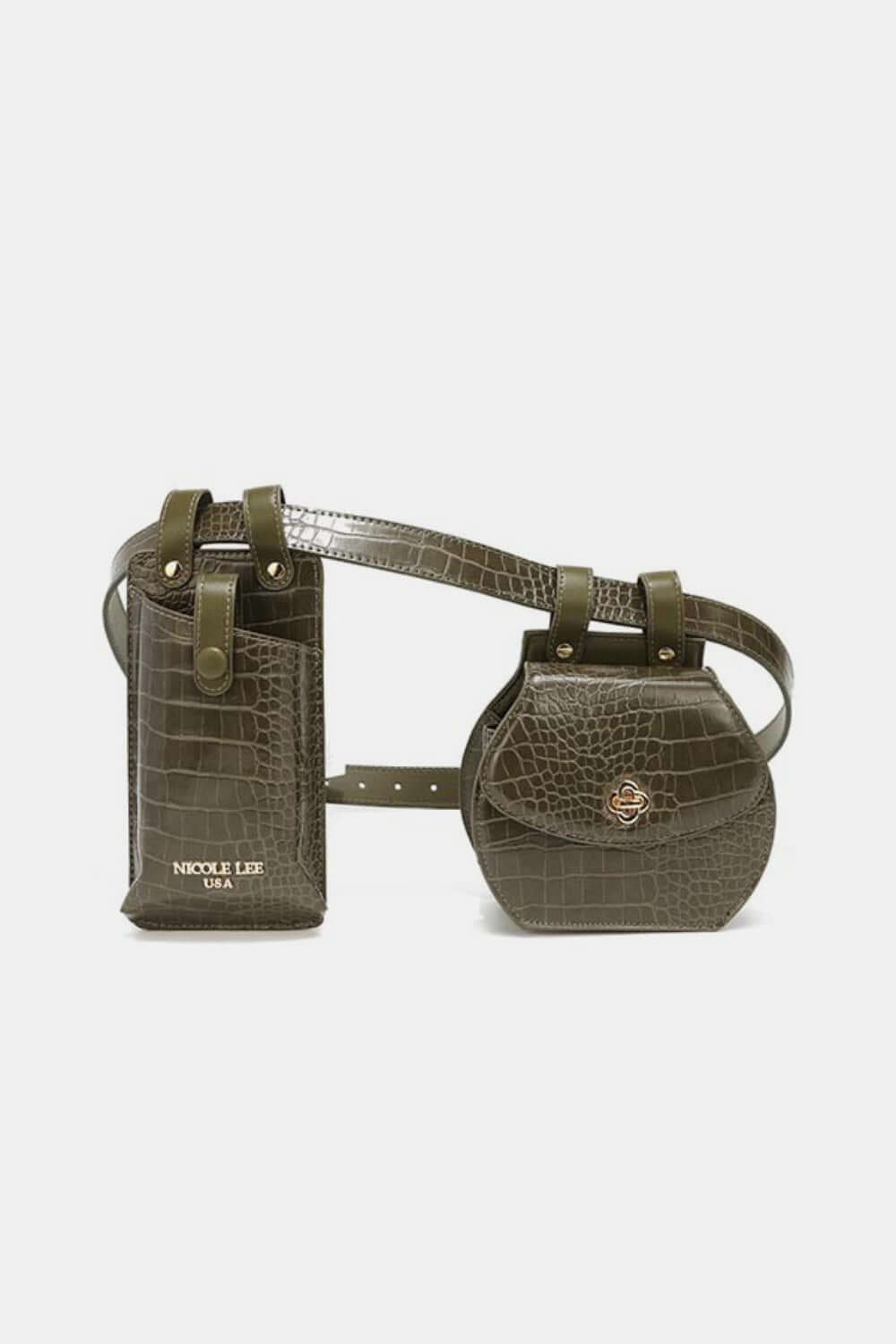 Nicole Lee USA 2 Piece Texture Belt Bag in olive green vegan leather with phone case and messenger pouch featuring faux croc-texture