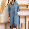 High-Low Button Up Roll-Tab Sleeve Denim Dress - Denim