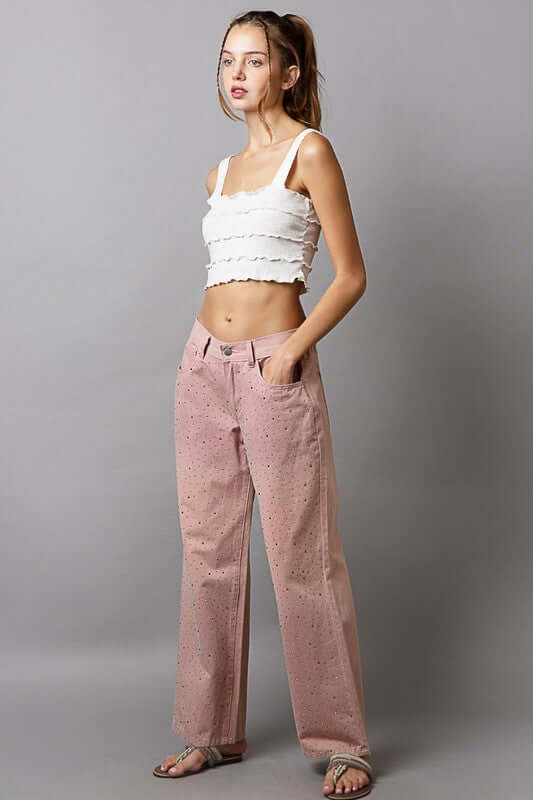 Model showcasing POL Embellishments Gradient Wide Leg Pants with decorative details and a stylish look.