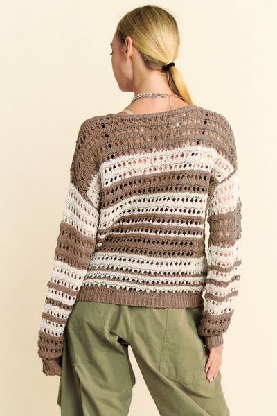 Davi & Dani striped crochet knit cover up showcasing a back view with relaxed drop shoulder design.