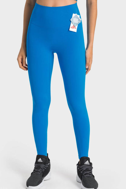 Millennia High-Rise Wide Waistband Yoga Leggings in vibrant blue, perfect for stylish and comfortable yoga practice.