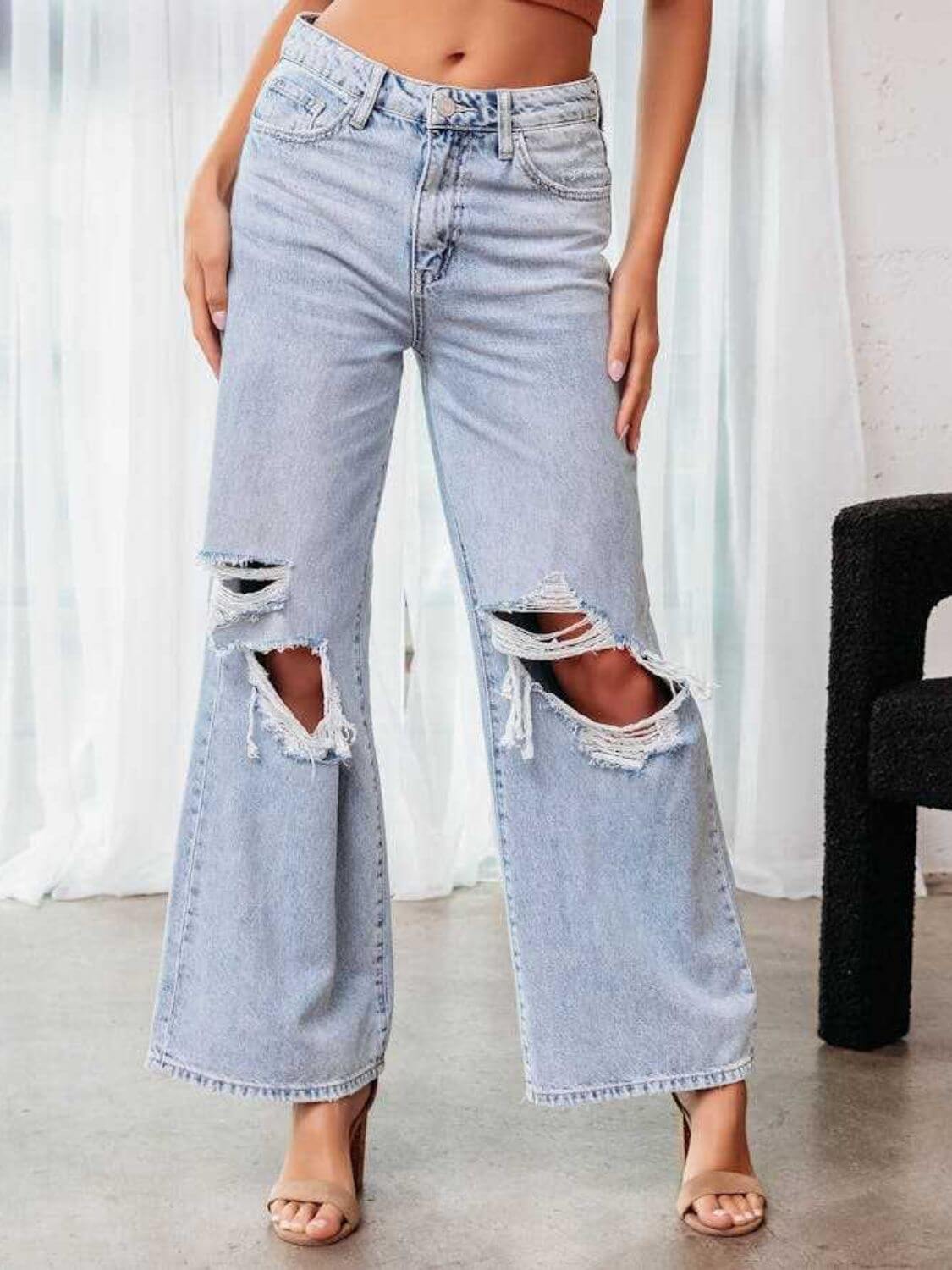 Bella Road distressed wide leg jeans with pockets, showing front view with ripped details and high-waist fit.