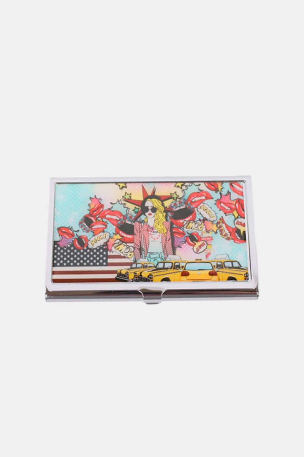 Nicole Lee USA Printed Business Card Case with colorful NL Signature Print, stainless steel back, and snap closure. Holds 15 cards.