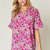 Printed V-Neck Short Sleeve Blouse | Full Size - Fuchsia Pink