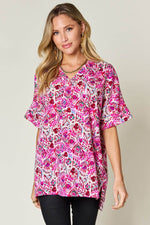 DOUBLE TAKE Full Size Printed V-Neck Short Sleeve Blouse at Bella Road