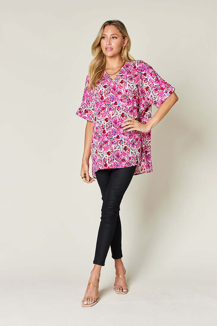 DOUBLE TAKE Full Size Printed V-Neck Short Sleeve Blouse at Bella Road