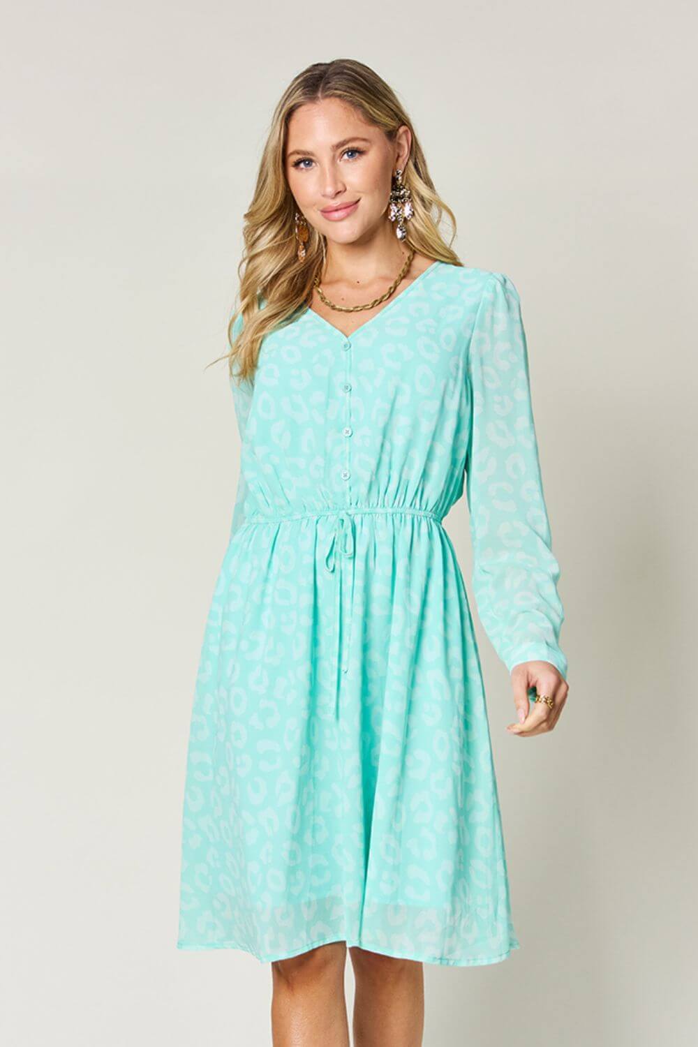 DOUBLE TAKE Full Size Printed Ruched V-Neck Long Sleeve Dress at Bella Road