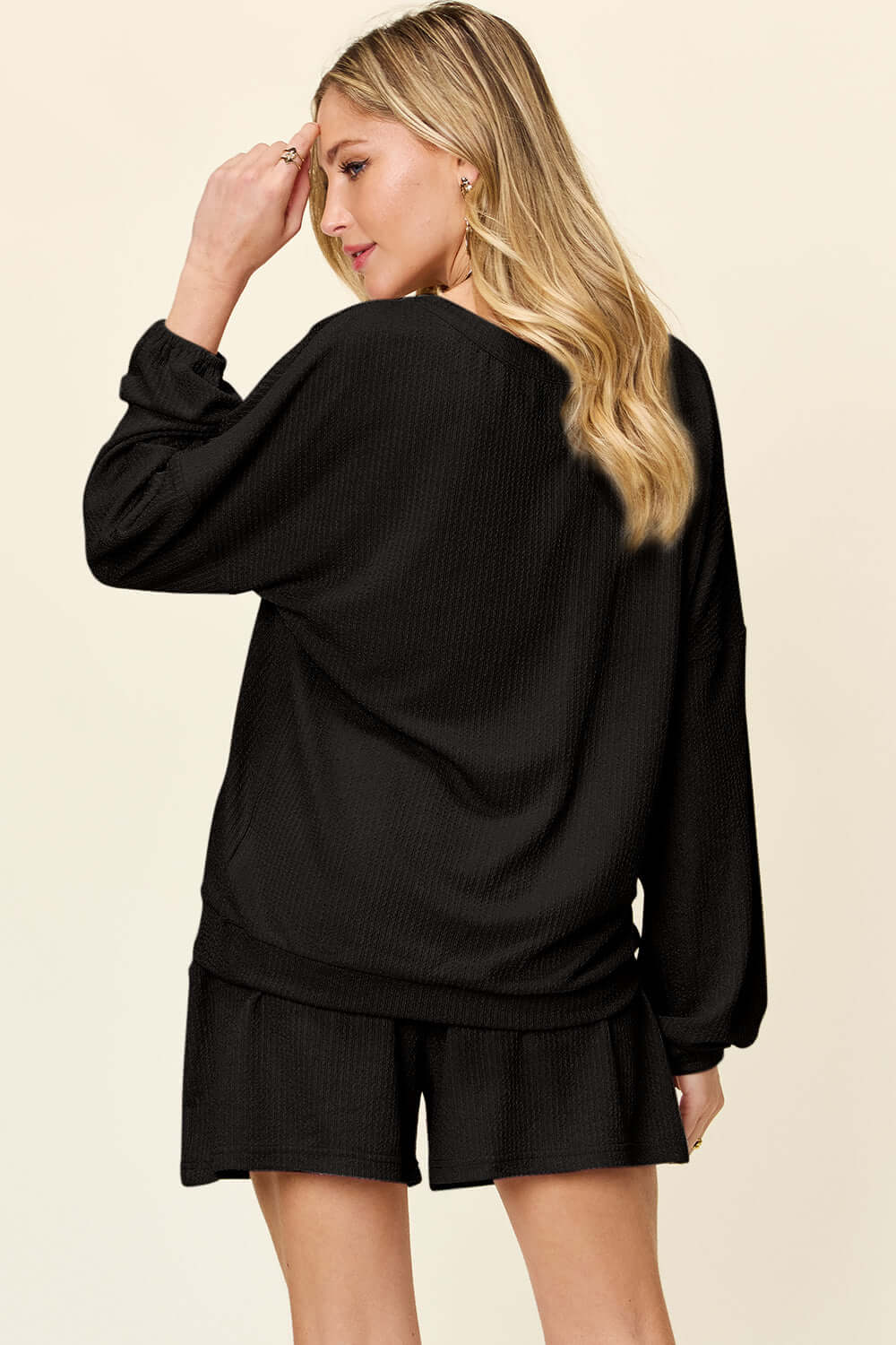 DOUBLE TAKE Full Size Texture V-Neck Long Sleeve T-Shirt and Shorts Set at Bella Road