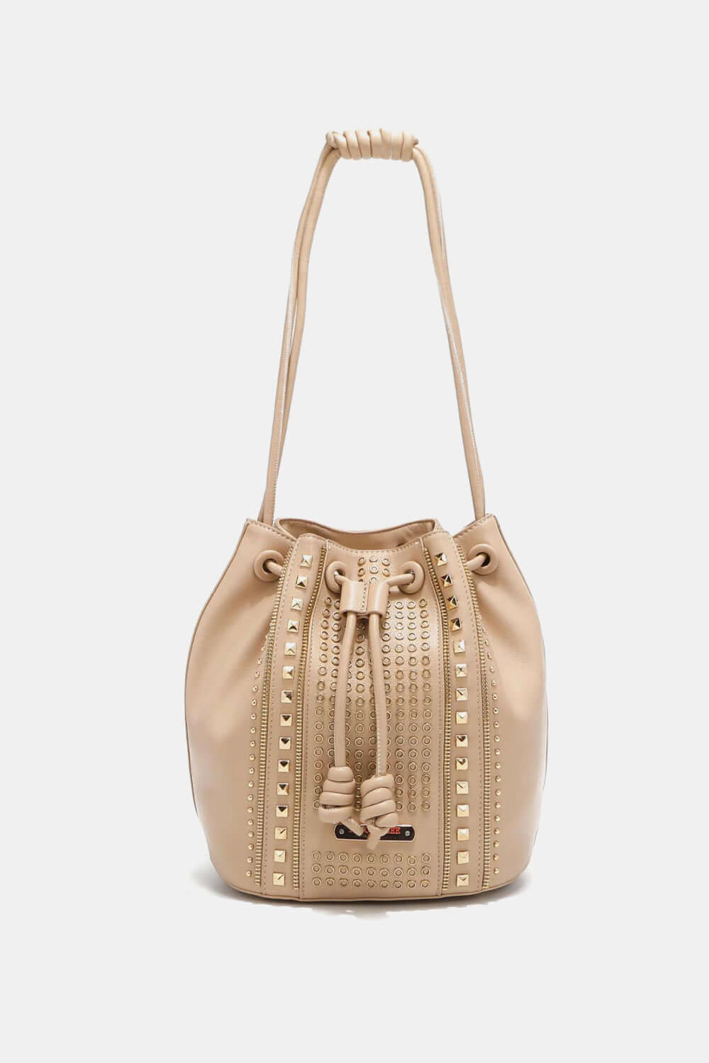 Nicole Lee USA Amy Studded Bucket Bag in pebbled vegan leather with studded details and drawstring closure.