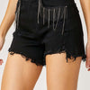 RISEN Frayed Hem Denim Shorts with Fringe Detail Pockets - Black