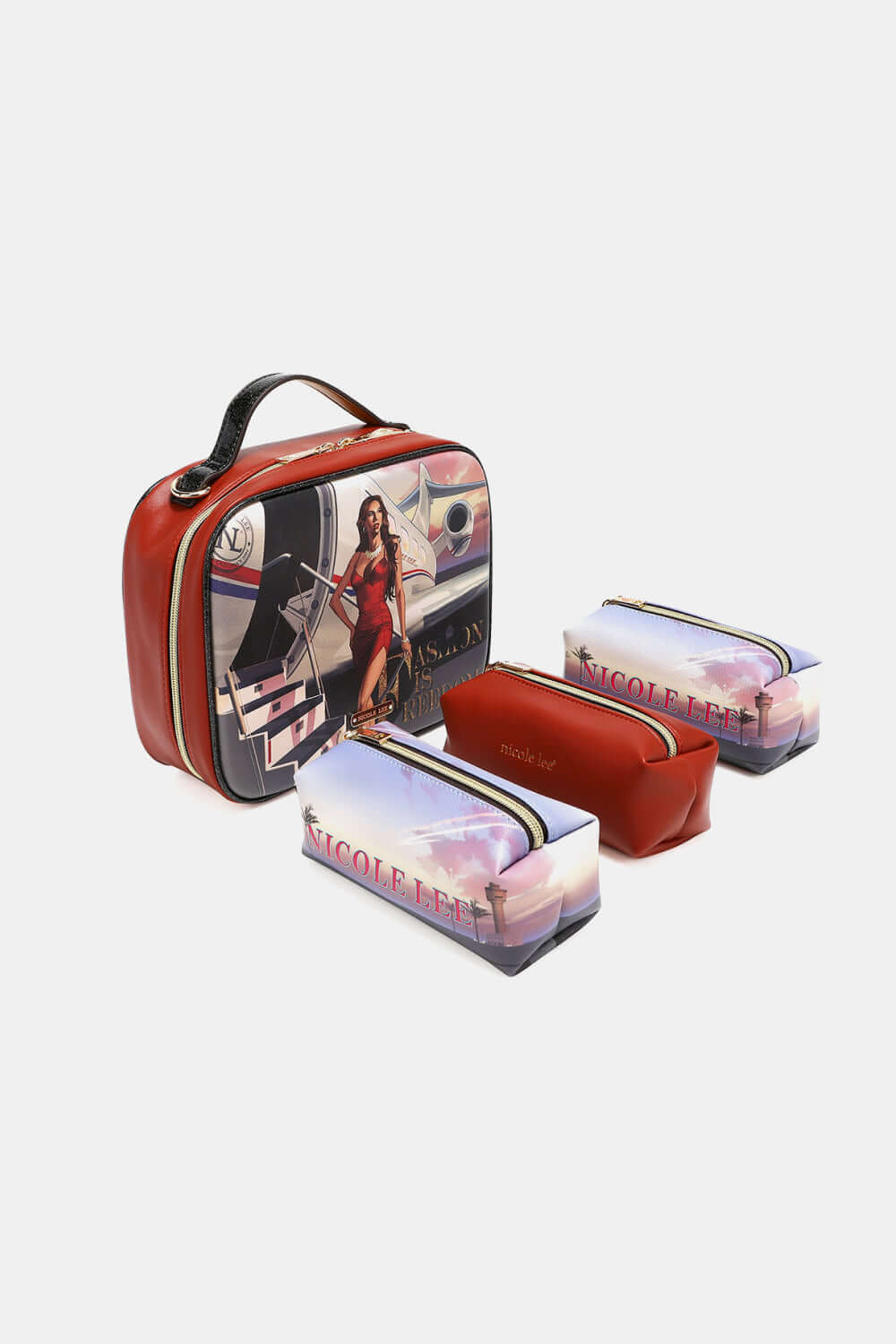 Nicole Lee USA printed handbag with three pouches made from pebbled and glossy patent leather displaying stylish design for storing essentials