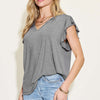 Bamboo Notched Ruffled Short Sleeve T-Shirt - Gray