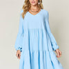 V-Neck Balloon Sleeve Tiered Dress | Full Size - Pastel  Blue